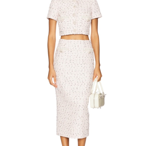 Self Portrait 2025 S/S Boucle Pearl Elegant Pink Tweed Midi Skirt US2/UK6 - Picture 2 of 10